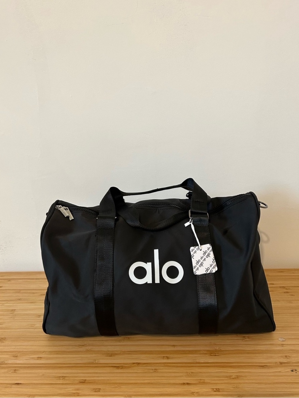 ALO Yoga Black Duffel Bag with White Logo